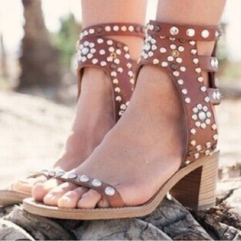 ISABEL MARANT ELVIS Studded Crystal Jeweled Brown Leather Sandals Heels 10 41 - Picture 2 of 8